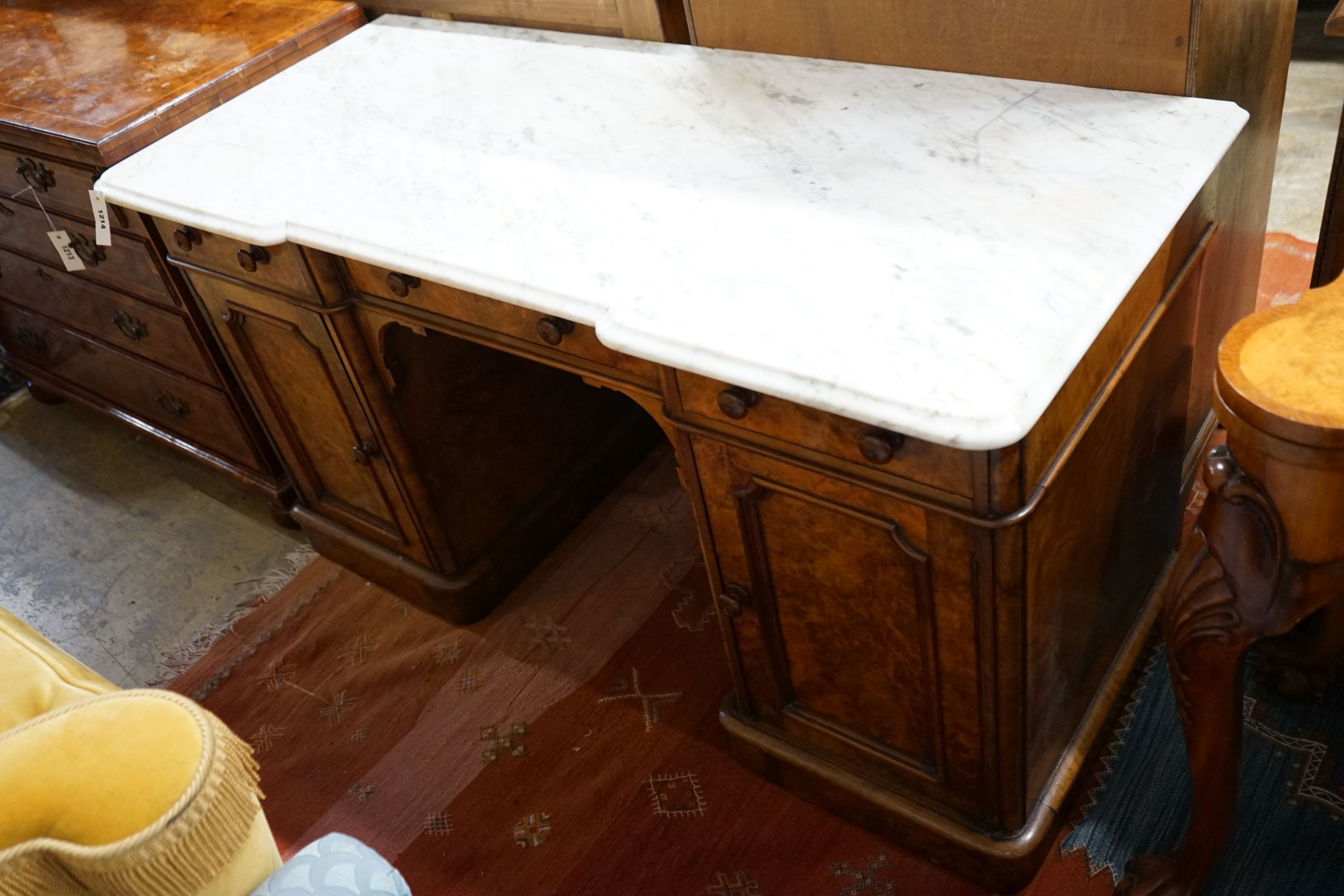 A Victorian burr walnut marble topped wash stand, width 29cm, depth 56cm, height 71cm